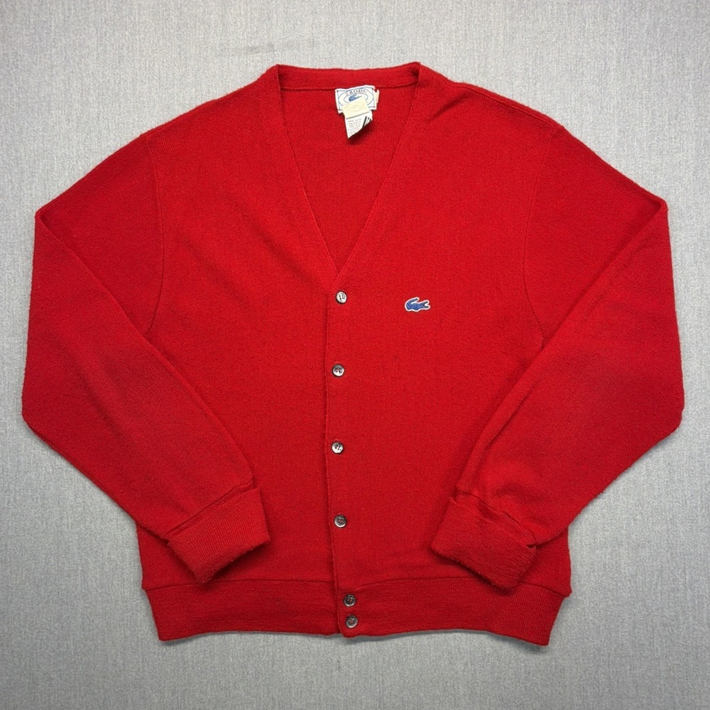 VTG Izod Lacoste Sweater Mens Large Red Cardigan Orlon USA 70s Blue Croc